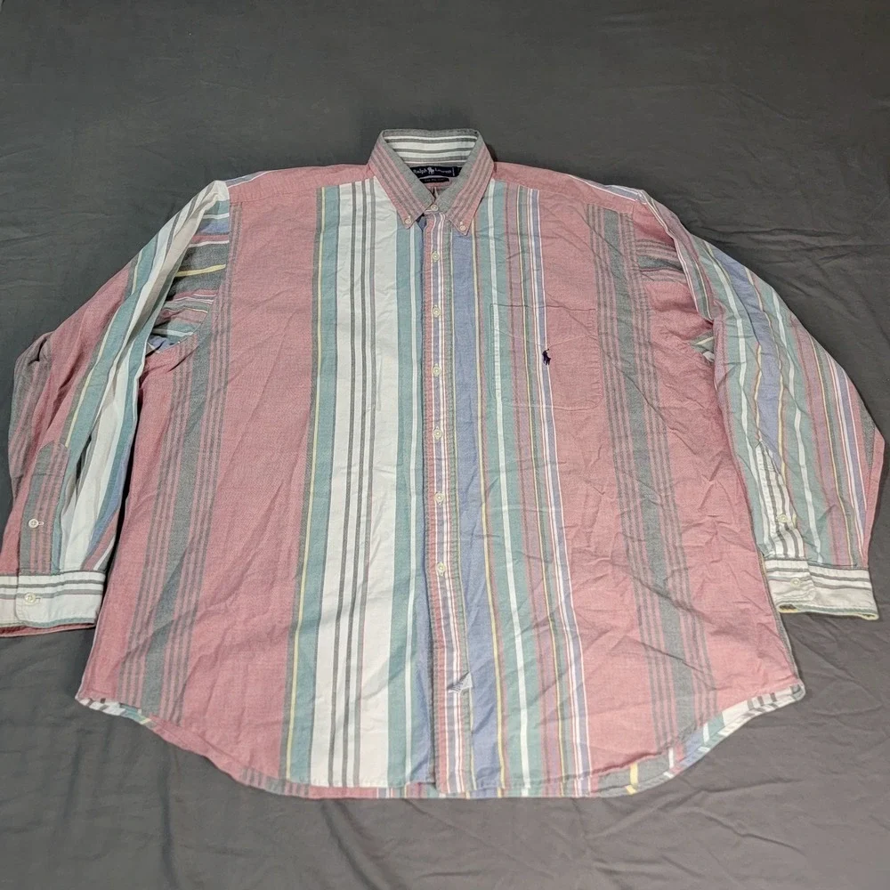 Polo Ralph Lauren Men's XL Multicolor Pastel Striped Oxford Blue Pony Button